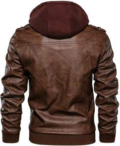 Blouson moto décontracté marron pour homme en similicuir brodé, col montant, fermeture éclair, style urbain, hiver - Product Image 2