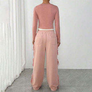 Traje de Dos Piezas Casual de Moda para Mujer, Personalizado y de Alta Calidad, con Lazo Lateral, Tirantes Finos, Pantalones con Cordón Ajustable y Blusa de Manga Larga - Product Image 5