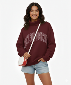 High Quality Custom Women's Soft Solid Color Printed Streetwear Winter Front Fleece <b>Drop</b> Shoulder Baggy Pullover Mockneck Long - Product Image 6