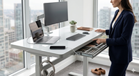 Lumetal verstelbare computerbureau met lade, glazen blad en metalen frame, kantoorwerkplek model S7132