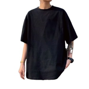 Camiseta de Cuello Redondo Negra Sólida de Corte Holgado para Hombre, Informal, Transpirable, de Verano - Product Image 2