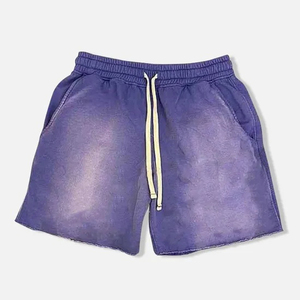 Shorts de sport pour homme personnalisés, violets, en coton molletonné épais, style vintage délavé, vente en gros - Product Image 3