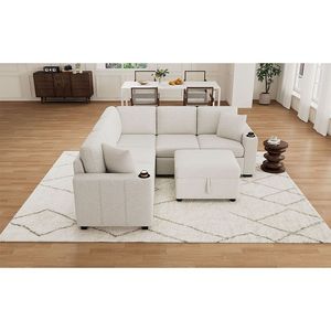 84.7\" Beige Convertible <b>Pull</b>-<b>Out</b> <b>Sofa</b> <b>Bed</b> L-shaped & U-shaped with Movable Storage Ottoman for Living Room Sectional <b>Sofa</b> - Product Image 1