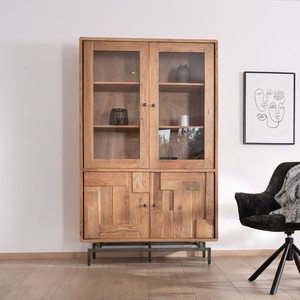 Vitrina de estilo retro de 4 puertas Vandana Urban Comfort, grande, en madera de acacia y metal con frentes con diseño de rompecabezas. - Product Image 4