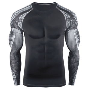 T-shirt de compression à manches longues pour homme, en spandex respirant, imprimé numérique noir, séchage rapide, MMA BJJ - Product Image 2