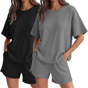Conjunto de Camiseta y Pantalones Cortos de Punto Waffle para Mujer, Ropa Casual Holgada de Dos Piezas, Venta al Por Mayor - Product Image 5