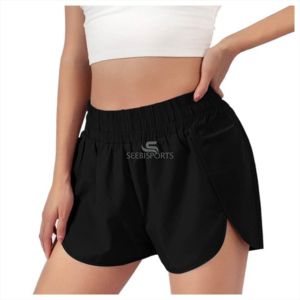 Shorts de course pour femmes à taille mi-haute avec broderie en dentelle, séchage rapide, respirant, taille élastique, en tissu polyester/nylon, style sportif - Product Image 4
