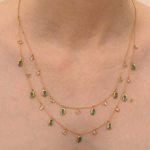 18K White Gold Emerald and Diamond Double Chain Charm Necklace VVS1 Clarity Wedding - Product Image 5
