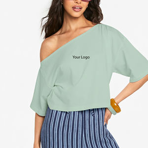 Custom Embriordery Logo Shoulder Style Crop <b>Top</b> T-Shirt 100% Cotton Jersey Lightweight Fashionable Summer Wear Tee Shirt - Product Image 1