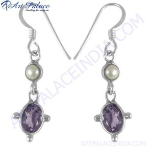 Pendientes colgantes chapados en plata de Art Palace con amatista y bisel de perlas de imitación, joyería clásica para mujer - Product Image 2