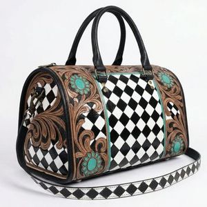 Checkerboard Pattern Tooling Carved 100% Genuine <b>Leather</b> Waterproof Eco-Friendly Sport Lightweight Portable Weekender Speedy <b>Bag</b> - Product Image 3
