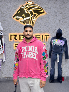 Rexfit Sports Custom APPAREL <b>Men's</b> <b>Pink</b> Hooded Zip-Up <b>Sweatshirt</b> Oversized Streetwear French Terry Regular Fit Autumn Style - Product Image 1
