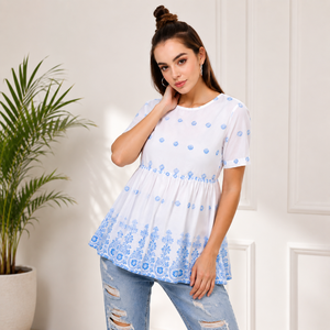 Blusa Peplum de Algodón con Estampado Floral Blanco para Mujer, Manga Corta, Cuello Redondo, Corte Holgado, Informal, para Primavera/Verano - Product Image 6
