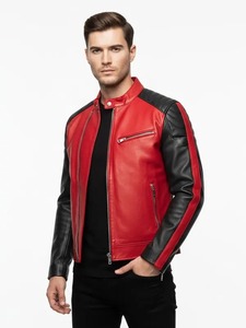 Chaqueta de Cuero Roja y Negra Estilo Café Racer para Hombre - Product Image 1