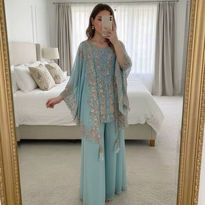 Conjunto de 3 piezas de georgette sintético para mujer con bordado de lentejuelas, top tipo shrug y pantalón palazzo - Product Image 1