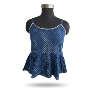 Camisola de encaje transpirable para mujer, top peplum azul con lunares, sin mangas, con tirantes finos, blusa corta informal de verano a la moda - Product Image 1