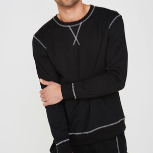 <b>Men</b> Knitted Crew Neck Pullover Solid Color Regular Fit Minimalist Style <b>Black</b> Long Sleeve 100% Cotton Breathable <b>Sweatshirt</b> - Product Image 1