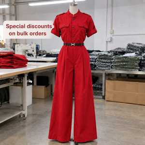 <b>Women</b> Work Knitted Style <b>Utility</b> <b>Jumpsuit</b> Full Length Wide Leg Cargo Romper Sleeveless Belted Waist - Product Image 2
