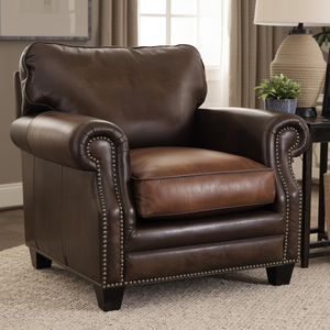 Sillón de Cuero Vacuno Auténtico de Primera Calidad, Tapizado en Piel de Vaca Genuina, con Brazos Enrollados y Detalles de Tachuelas, para Sala de Estar - Product Image 1