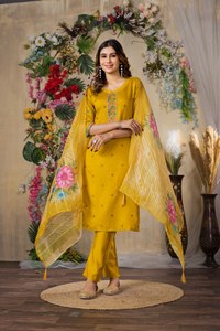 Traje de Pantalón Recto de Seda Romana de Viscosa de Lujo con Dupatta de Seda Chanderi con Estampado Digital, Ropa de Fiesta para Mujer - Product Image 1