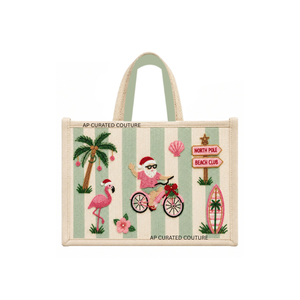hot selling custom glass seed beaded <b>canvas</b> tote bags with Santa flamingo palm tree <b>beach</b> club summer <b>beach</b> style Christmas tote - Product Image 1