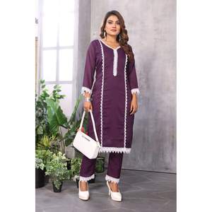 FANCY STAR GEORGETTE ALGODÓN ENCAJE FRONTERA TRABAJO TOP PANT SET VINO - Product Image 1