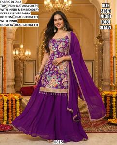 Ensemble festif traditionnel pour mariage Purple Bandhani Gulnaz - Crêpe et Georgette, longueur au sol, coupe classique, séchage rapide, toutes saisons - Product Image 1