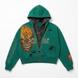 Sweat à capuche zippé double couche pour homme, motif crâne DTG, strass vieillis, vert, streetwear, sweats personnalisés - Product Image 1