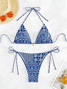 Casual Women's <b>Bikini</b> Set with Halter Neckline Floral Pattern V-<b>String</b> Bottom Spandex/Nylon Fabric 2-Piece Beachwear - Product Image 4