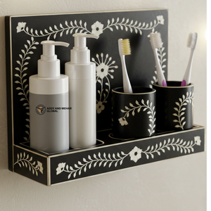 Organizador de pared con incrustaciones de hueso negro de diseño, elegante estante de almacenamiento para tocador, conjuntos decorativos para baño y organizador para aseos. - Product Image 4