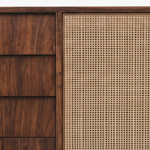 Commode moderne en bois de teck avec portes cannées, meuble de rangement autoportant en bois massif pour appartement, chambre et salon - Product Image 4