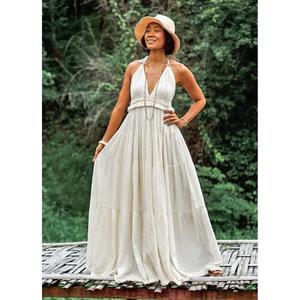Vestido Maxi Boho para Mujer, Cuello Halter, Escote en V Profundo, Cintura Natural, Lavable, 100% Algodón, para Verano, Playa, Resort, Vacaciones - Product Image 1