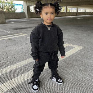 Survêtement noir pour bébés filles, sweat-shirt streetwear à manches longues et col rond avec pantalon à cordon de serrage, couleur unie, coupe ample, vêtements d'automne - Product Image 2