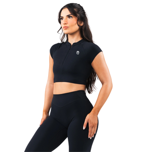 Womens Seamless Cap Sleeve Zip Sports Bra <b>High</b> <b>Neck</b> Yoga Fitness Activewear Stretch Support Lightweight Training <b>Top</b> Black - Product Image 3