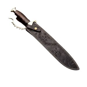 Couteau de chasse en acier Damas à pointe tombante avec manche en bois et étui en cuir, lame droite non réglable, lame simple - Product Image 4