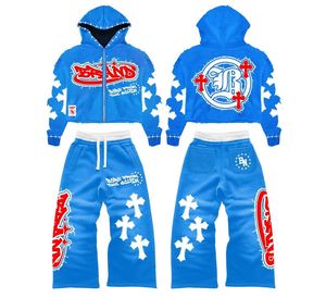 Black Distressed Hoodie And <b>Sweatpants</b> <b>Set</b> With Cross Print And Red Logo Streetwear Tracksuit For Adults Unisex Zipper Front - Product Image 5