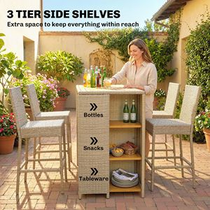Set da Esterno in Legno di Acacia con Tavolo Alto e Sedie, 5 Pezzi in Vimini con 3 Ripiani e Cuscini Marroni - Product Image 4