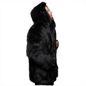 Manteau à capuche unisexe en fausse fourrure noire, coupe ample, confortable, pour l'hiver, décontracté, couleur unie, manches longues, pour tous les jours - Product Image 2