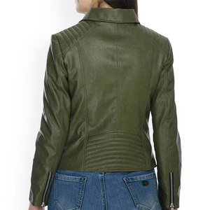 Veste en cuir PU vert olive pour femme, style moto, manches longues, fermeture éclair, col rabattu, style automne - Product Image 3