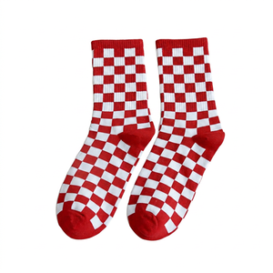 Chaussettes ras du cou à carreaux bleus et blancs en coton jacquard respirant à motif géométrique pour adulte, idéales pour l'été et le quotidien - Product Image 3
