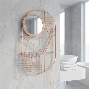 Artisan Design Oval Metal Wall <b>Mirror</b> Jewelry <b>Hooks</b> Modern Minimalist Design Decorative <b>Hanging</b> Pink Color Easy Installation - Product Image 2