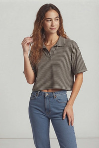 Polo rayé pour femme, coupe ample, manches courtes, en coton, style crop et coupe carrée - Product Image 5