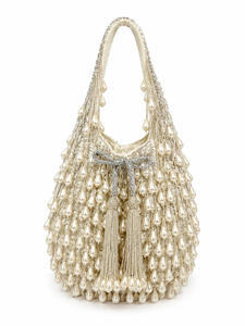 Bolso único con cuentas, bolso POTLI, presenta un diseño artesanal adornado con perlas brillantes y elegantes borlas colgantes. - Product Image 2