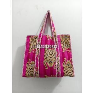 Bolso Tote Acolchado de Algodón Pintado a Mano con Estampado de Tigre Azul, Estilo Bohemio, Abierto, Gran Capacidad 18x18x13, para Compras - Product Image 2
