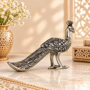 Figurine de paon antique en argent poli, sculptée à la main, en métal, objet décoratif pour cadeaux et événements festifs - Product Image 3