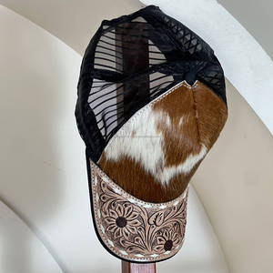 Nuevo Diseño de Gorra Trucker de Cuero Vacuno con Diseño Floral Hecho a Mano, Visera Curva con Parche de Cuero Vacuno, Sombrero Vaquero Occidental para Hombre y Mujer - Product Image 3