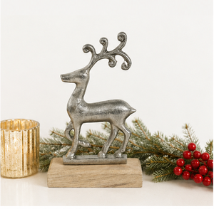 Handcrafted Silver Elegance Reindeer Sculpture Premium Aluminum <b>Christmas</b> Figurine With Natural Wooden Base For Modern Festive - Product Image 4