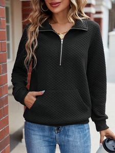 <b>White</b> Bird Express <b>Women</b> Black Quilted Half Zip <b>Hoodie</b> Long Sleeve Pullover Sweatshirt Kangaroo Pocket 100% Cotton Eco-Friendly - Product Image 3