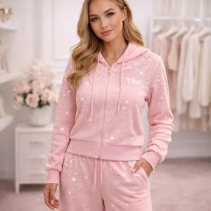 Conjunto de dos piezas de chándal rosa de moda con pedrería, transpirable, sudadera con capucha oversize y pantalones acampanados, proveedor OEM personalizado - Product Image 2