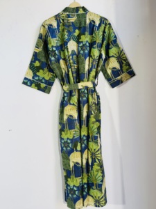 Robe kimono en coton faite à la main, motif tropical – Peignoir enveloppant à imprimé botanique bleu - Product Image 2